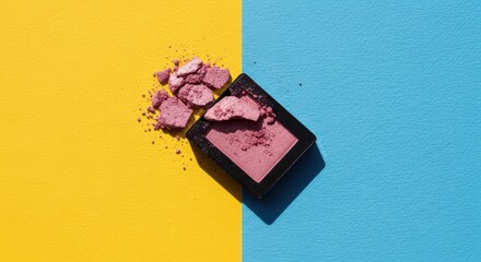 Beautiful Broken Pink Eyeshadow Palette Scattered on Yellow and Blue Background