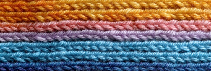 Fototapeta premium Colorful knitted wool texture with vibrant stripes in orange, pink, purple, and blue
