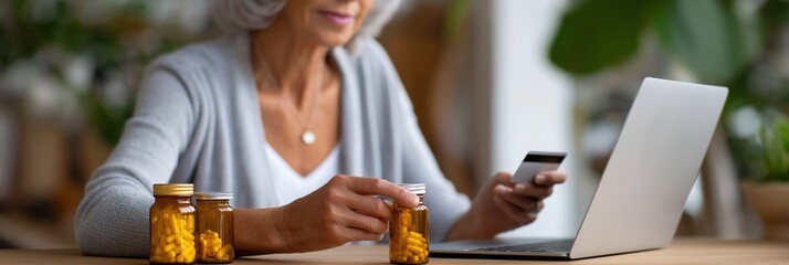 Elderly caucasian female online shopping for vitamins with laptop and credit card