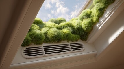 Green Moss Accents and Air Vent Beneath Skylight during Daylight