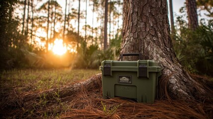 Green Portable Toolbox by Tree in Forest During Sunset Glow