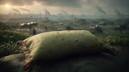 Green Sandbag on Battlefield with Distant Smoke and Soldiers