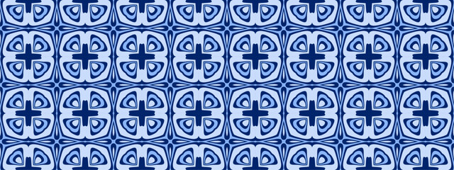 A symmetrical repeating pattern of interlocking geometric shapes in varying shades of blue for textile or wallpaper design.