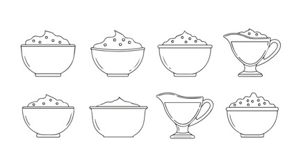 Collection of hand drawn whisked bowls and gravy boats filled with ingredients sketch silhouette