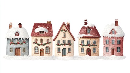 Christmas five houses decoration watercolor building.