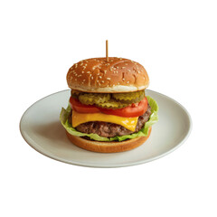 A gourmet cheeseburger on a white ceramic plate on transparent background
