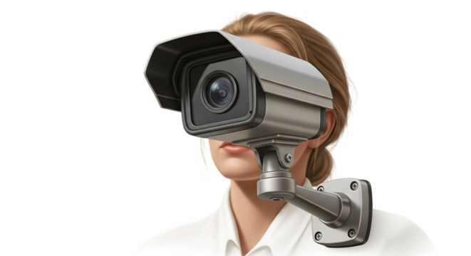 Woman wearing security camera surveillance security system focused on protection modern technology.