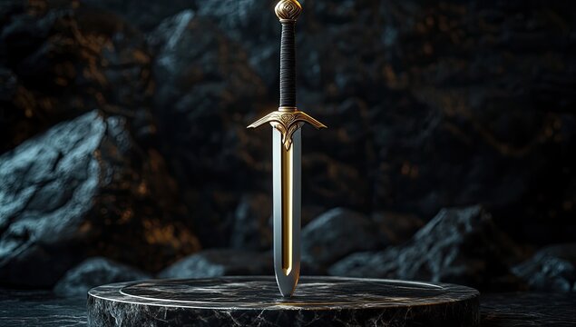 A golden-hilted sword on a dark stone pedestal
