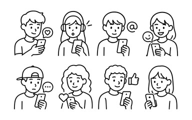 People using smartphones icons set. Young men and women chatting, texting, sending likes and emojis online. Outline vector illustrations