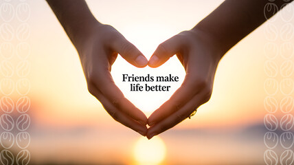 Two hands forming a heart shape against a sunset with the text 'Friends make life better'