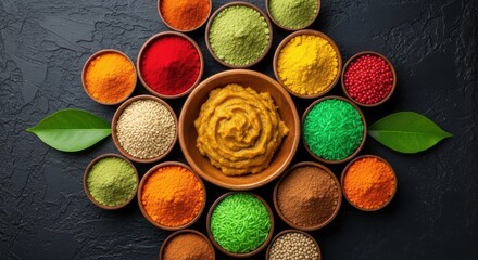 A Colorful Assortment of Spices and Seasonings in Bowls on a Dark Surface