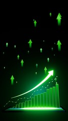 Green glowing bar chart with upward arrows representing business growth, profit increase and positive financial trend, futuristic finance concept 3D Rendering