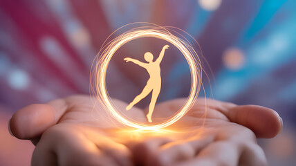 Hand holding a glowing holographic figure of a dancer in a circular frame