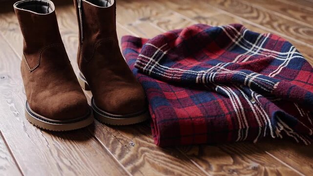 Cozy autumn vibes: leather boots and plaid blanket on wooden floor