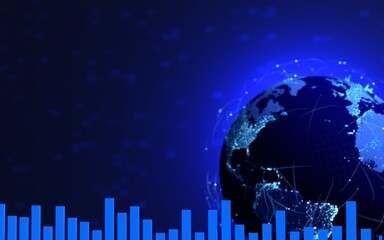 Digital Globe with Global Network and Data Analytics Bar Graph Technology Visualization Futuristic Blue Earth Cyber Space Concept 3D Rendering