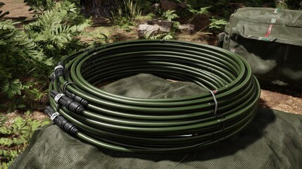 Green Utility Hoses Coiled on Ground Amidst Natural Outdoor Setting