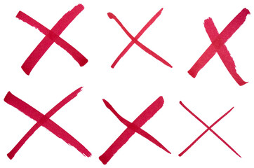 Obraz premium Hand drawn red cross marks set with marker brush strokes, abstract ink X symbols collection for wrong choice, error, cancel, rejection, doodle sketch isolated simple signs on transparent background