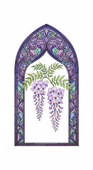 Purple stained glass window with wisteria flowers, green leaves, and intricate geometric patterns, creating peaceful and elegant atmosphere, perfect for home decor or art inspiration