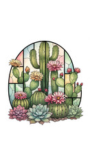 Cactus succulent flower desert stained glass green pink illustration nature botanical art create vibrant desert scene with blooming cactus and succulent plants front of stained glass window