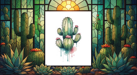 Stained glass window cactus watercolor cactus blooming succulent desert plant vibrant green sunlight artistic nature colorful decorative art. vibrant stained glass window frames watercolor cactus