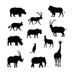 Collection of African Wildlife Silhouettes on White Background