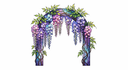 Wisteria flower arch stained glass style purple pink blue green leaves decorative elegant floral nature inspired whimsical romantic