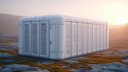 Futuristic Container with Vents at Sunset on Rocky Terrain