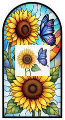 Sunflower butterfly stained glass vibrant colorful floral nature decorative window cheerful sunlight blue yellow orange green summer art design pattern leaf petal garden illustration detailed