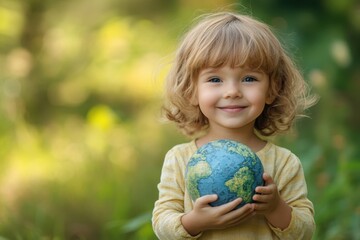 Young child smiles while holding a small globe outdoors on a sunny day in nature