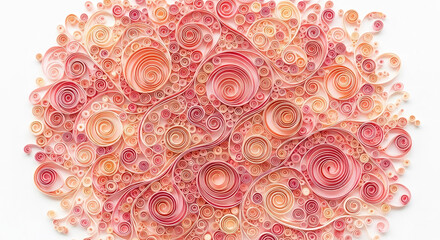 Intricate paper swirls in peach and pink shades create a textured, organic pattern, suggesting floral themes or feminine aesthetics, perfect for a delicate design