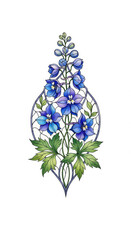 Blue flower green leaf stained glass floral design botanical art nature decorative elegant symmetrical isolated on white background