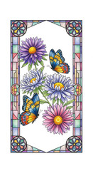 Stained glass style illustration featuring vibrant butterflies and colorful daisy flowers, surrounded by geometric pastel border, creating cheerful and artistic decorative design