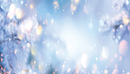 Magical winter background with glistening snow on branches and beautiful festive bokeh lights