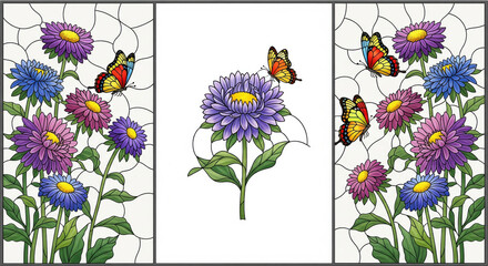 Purple daisy flowers, green leaves, and orange butterflies in stained glass style create vibrant, cheerful floral scene with intricate details and bright, uplifting mood