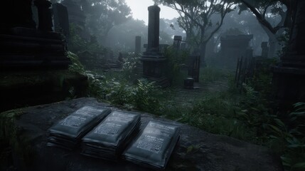 Haunted Cemetery Path with Fog and Historical Tombstones in Nature