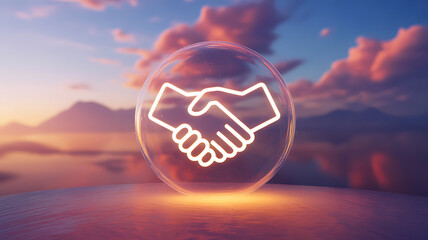 Neon handshake symbol inside a transparent sphere against a sunset landscape