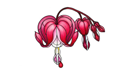 Bleeding heart flower illustration, pink and red petals, botanical art, isolated on white background, elegant and delicate, nature inspired, vibrant and graceful design
