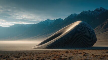 Futuristic curvilinear structure in serene mountain landscape at dawn