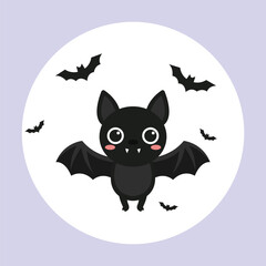 Cute bat cartoon character posing flying high in front of the full moon