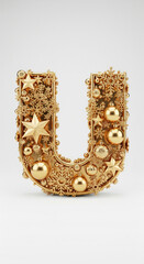 Golden letter U decorated with shiny star, snowflake, and bauble ornament, festive Christmas theme, elegant and joyful holiday design
