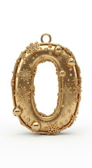 Golden number zero ornament decorated with snowflakes and baubles, festive and elegant, suitable for holiday celebrations, Christmas, and New Year themes