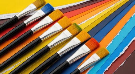 Assortment of Paintbrushes Arranged on Colorful Paper Sheets
