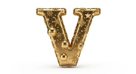 Golden letter V decorated with festive ornaments, snowflakes, and stars, creating luxurious and celebratory holiday theme, perfect for Christmas or New Year designs