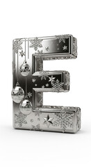 Silver letter E decorated with snowflakes, stars, and hanging Christmas ornaments, festive and elegant, isolated on white background, perfect for holiday design and winter celebration themes