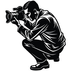 Male Photographer Crouching Vector Illustration