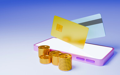 Digital Wallet Smartphone with Credit Card and Golden Coins Online Payment Finance Technology 3D Rendering