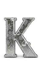 Metallic letter K with snowflake and ornament pattern, festive and shiny, isolated on white background, perfect for winter holiday or Christmas decoration design