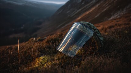 Helmet with Visor on Mountain Landscape During Golden Hour Lighting