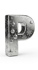 Metallic letter P decorated with snowflakes and Christmas ornaments, festive winter holiday theme, shiny silver surface, cheerful seasonal design, isolated on white background