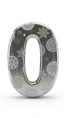 Silver metallic number zero decorated with intricate snowflakes and Christmas ornament patterns, festive winter holiday theme, isolated on white background